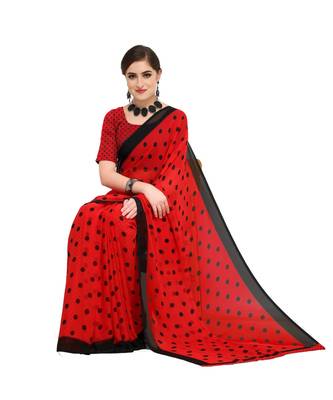 Red printed georgette saree with blouse 4