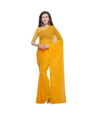 Yellow printed georgette saree with blouse 1