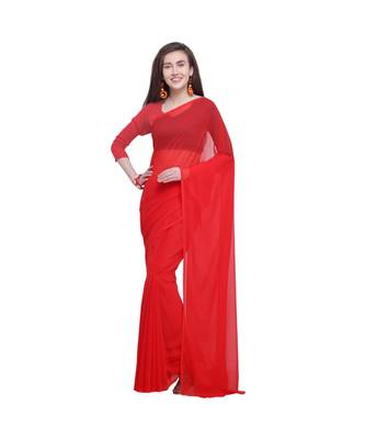 Red printed georgette saree with blouse 1