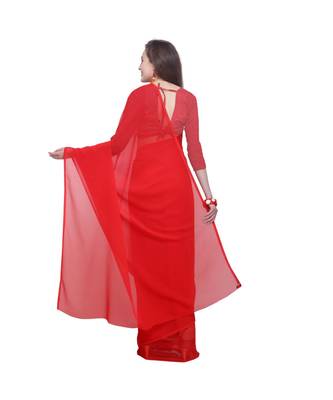 Red printed georgette saree with blouse 3