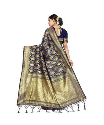 Blue printed silk blend saree with blouse 3