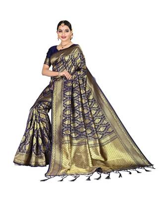 Blue printed silk blend saree with blouse 4