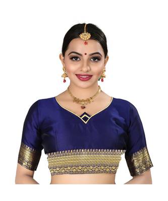 Blue printed silk blend saree with blouse 5