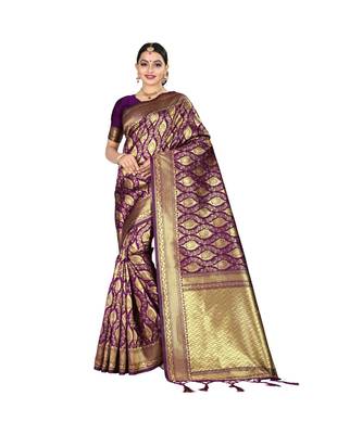 Purple printed silk blend saree with blouse 1