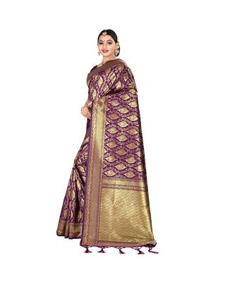 Purple printed silk blend saree with blouse 2