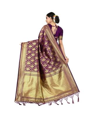 Purple printed silk blend saree with blouse 3
