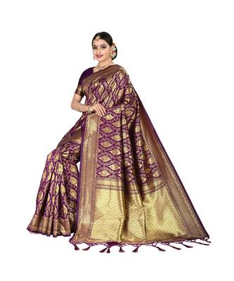 Purple printed silk blend saree with blouse 4