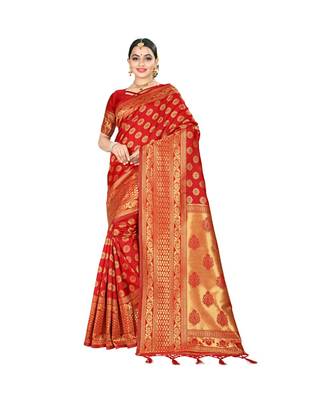 Red printed silk blend saree with blouse 1