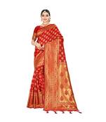 Red printed silk blend saree with blouse