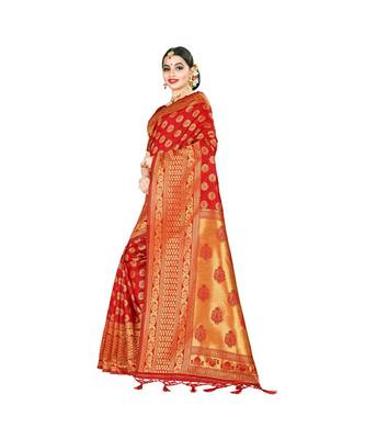 Red printed silk blend saree with blouse 2