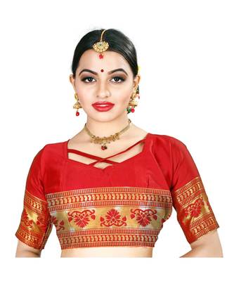 Red printed silk blend saree with blouse 5