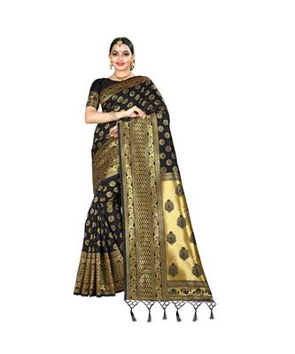Black printed silk blend saree with blouse 1