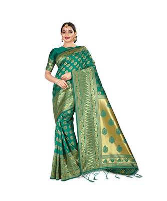 Green printed silk blend saree with blouse 1