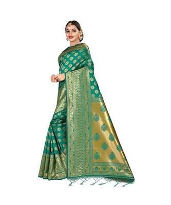 Green printed silk blend saree with blouse 2