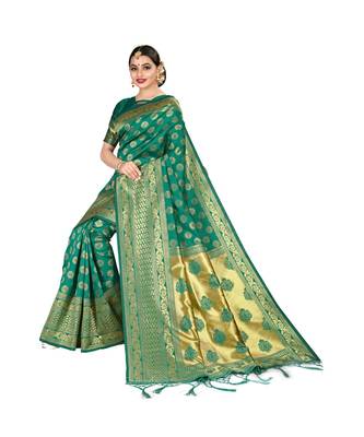 Green printed silk blend saree with blouse 4