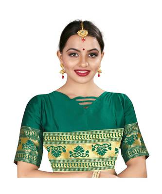 Green printed silk blend saree with blouse 5