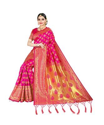 Pink printed silk blend saree with blouse 4