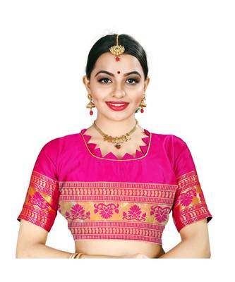 Pink printed silk blend saree with blouse 5