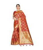 Red printed silk blend saree with blouse