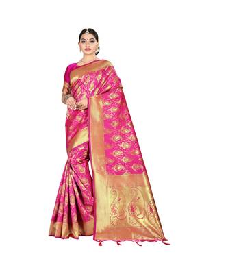 Pink printed silk blend saree with blouse 1