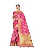 Pink printed silk blend saree with blouse