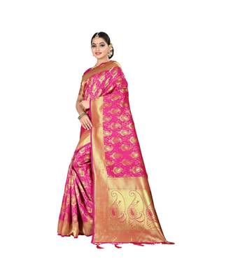 Pink printed silk blend saree with blouse 2
