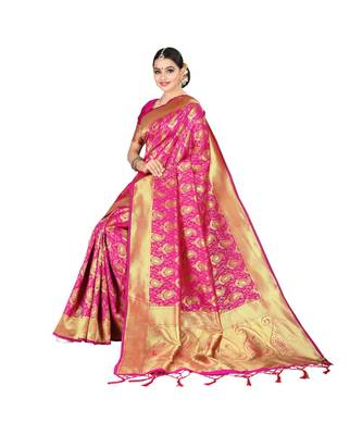 Pink printed silk blend saree with blouse 4