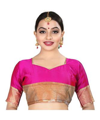 Pink printed silk blend saree with blouse 5