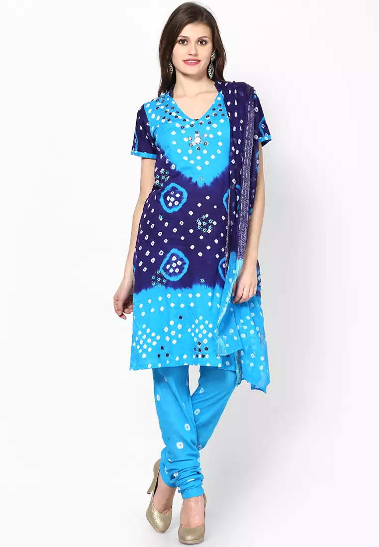 Beautiful Blue Cotton Bandhej Dress Material