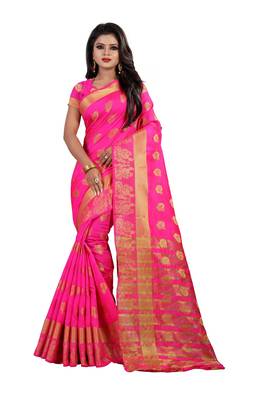 Pink Cotton Silk Gold Woven Peacock Design Saree With Blouse 1