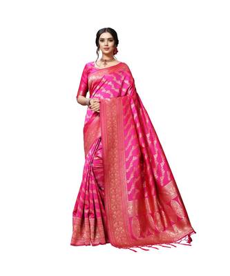 Pink printed silk blend saree with blouse 1