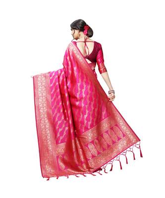 Pink printed silk blend saree with blouse 3