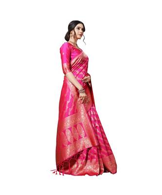 Pink printed silk blend saree with blouse 4