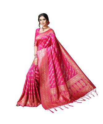 Pink printed silk blend saree with blouse 5
