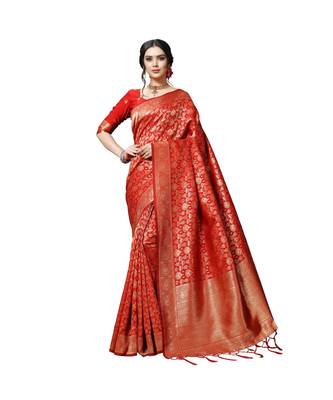 Red printed silk blend saree with blouse 1