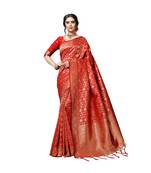 Red printed silk blend saree with blouse