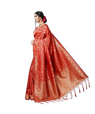 Red printed silk blend saree with blouse 2