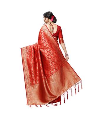 Red printed silk blend saree with blouse 3