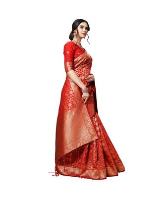 Red printed silk blend saree with blouse 4