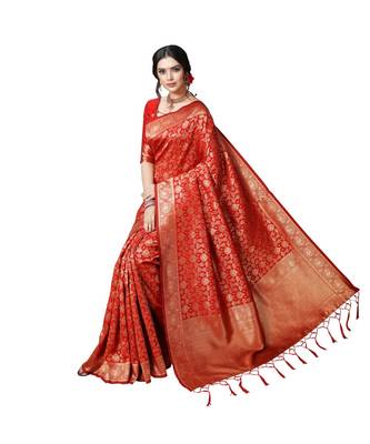 Red printed silk blend saree with blouse 5