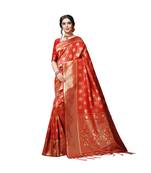 Red printed silk blend saree with blouse