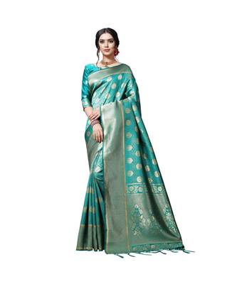 Green printed silk blend saree with blouse 1