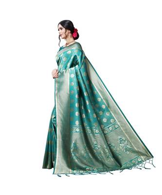 Green printed silk blend saree with blouse 2