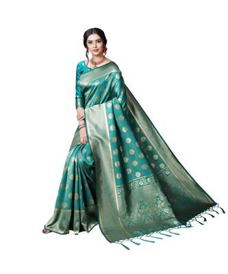 Green printed silk blend saree with blouse 5