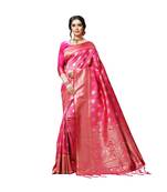 Pink printed silk blend saree with blouse
