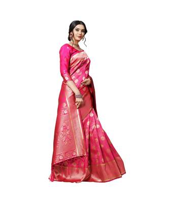 Pink printed silk blend saree with blouse 4