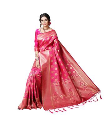Pink printed silk blend saree with blouse 5