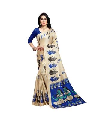 Blue printed cotton saree with blouse 1