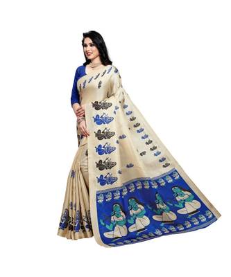 Blue printed cotton saree with blouse 2