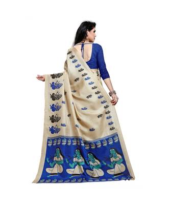 Blue printed cotton saree with blouse 3